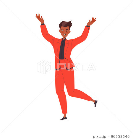 Cheerful Man Character in Red Suit Raising Hands with Joy Celebrating New Year Holiday Vector Illustration 96552546