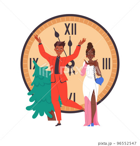 Cheerful Man and Woman Character in Evening Dress Celebrating New Year Holiday Near Huge Clock Vector Illustration 96552547