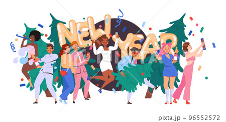 People Characters Celebrating New Year Holiday with Party Popper and Champagne with Balloons and Fir Tree Vector Illustration 96552572