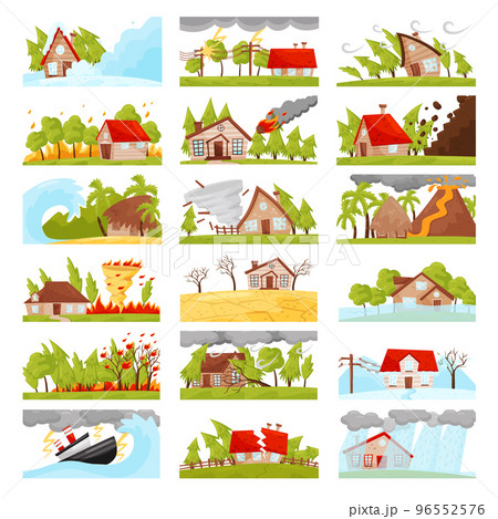 Natural disasters set. Fire, flood, hurricane, typhoon, volcano eruption, drought cartoon vector 96552576