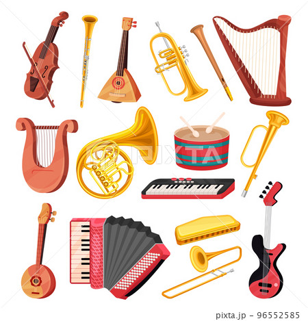 Different Musical Instrument with Stringed, Wind and Percussion Like Violin, Drum, Harp, Trumpet, Keyboard and Trombone Vector Set Different Musical Instrument with Stringed, Wind and Percussion Like Violin, Drum, Harp, Trumpet, Keyboard and Trombone Vector Set 96552585