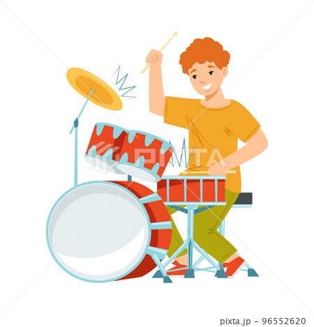 Smiling Teen Boy Sitting and Playing Drum Kit Performing on Stage Vector Illustration 96552620