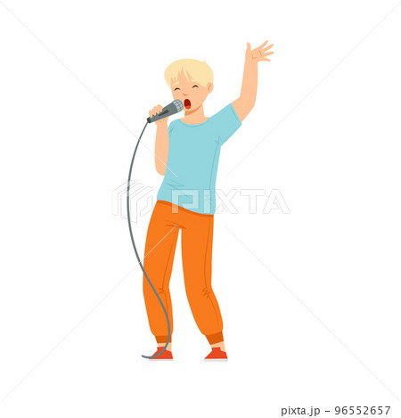 Teen Boy Standing and Singing with Microphone Performing on Stage Vector Illustration Teen Boy Standing and Singing with Microphone Performing on Stage Vector Illustration 96552657