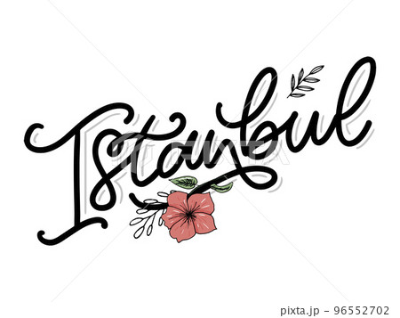Istanbul. Hand lettering. Vector logo of Istanbul in black color with seagulls on white background. souvenir products, banner emblem, travel blog social media, brochure, flyer. Digital illustration. 96552702