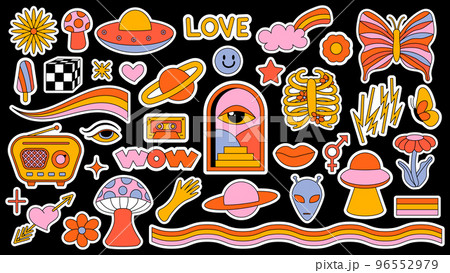 Set of hipster retro cool psychedelic elements. Collection stickers of groovy cliparts from the 70s 60s. Collage with trendy pop vibe with funky design element. Abstract background of cartoon sticker Set of hipster retro cool psychedelic elements. Collection stickers of groovy cliparts from the 70s 60s. Collage with trendy pop vibe with funky design element. Abstract background of cartoon sticker 96552979