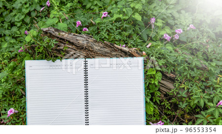 White notebook paper on the grass copy space 96553354