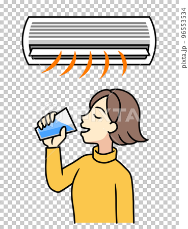 コップの水を飲む若い女性とエアコン(暖房) 96553534