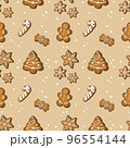 Hand Drawn Seamless Christmas Wallpaper with Gingerbread Cookies on beige background  96554144