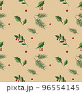 Floral winter seamless pattern with christmas tree branches and berries on beige background 96554145