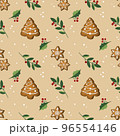Hand Drawn Seamless Christmas Wallpaper with Gingerbread Cookies on beige background 96554146