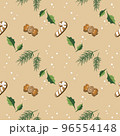 Hand Drawn Seamless Christmas Wallpaper with Gingerbread Cookies and branches of Christmas trees on beige background  96554148