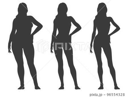 ダイエットに成功した女性のビフォーアフターのシルエットのイラストセット 96554328