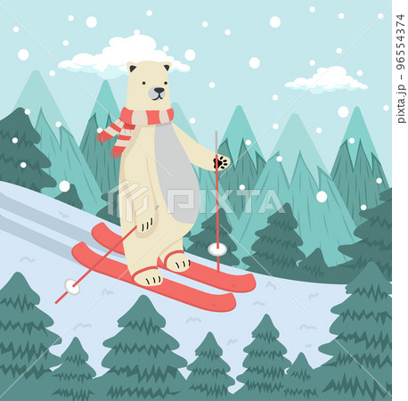 Cute Polar Bear  skiing with tree 96554374