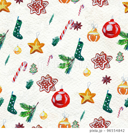 Watercolor Christmas seamless pattern. Hand painted holiday objects Watercolor Christmas seamless pattern. Hand painted holiday objects 96554842