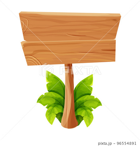 Wooden tablets, textured panels, signboard with jungle leaves in cartoon style isolated on white background. Rustic board, plank with place. Ui game assets, rural background.  96554891