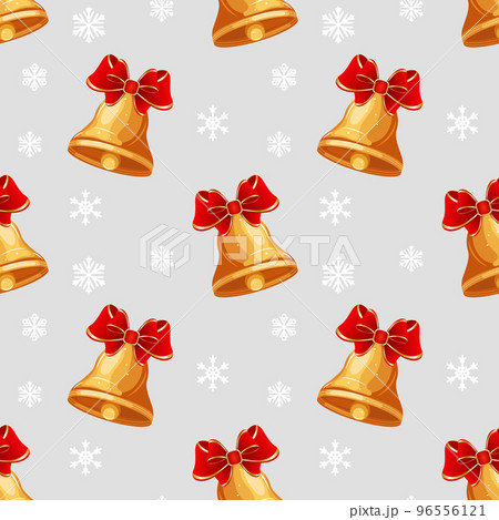 Seamless pattern, Christmas golden bells with red bows on the background of snowflakes. Textile, christmas print, vector Seamless pattern, Christmas golden bells with red bows on the background of snowflakes. Textile, christmas print, vector 96556121