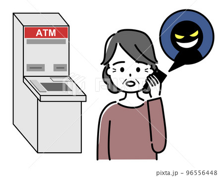 銀行ATMの前で詐欺師から電話で指示される高齢女性（上半身） 96556448