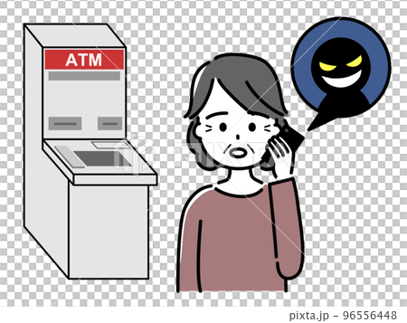 銀行ATMの前で詐欺師から電話で指示される高齢女性（上半身） 96556448