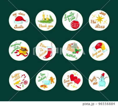 Set of 12 round cute Christmas stickers, design elements, New Year objects, symbols, handwritten hygge phrases 96556884