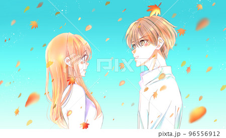 向かい合う男女　紅葉　青空 96556912