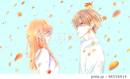 向かい合う男女カップル　紅葉　青空 96556914