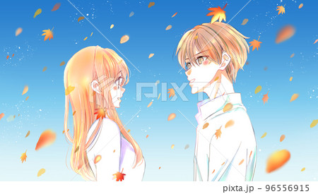向かい合う男女　紅葉　青空 96556915