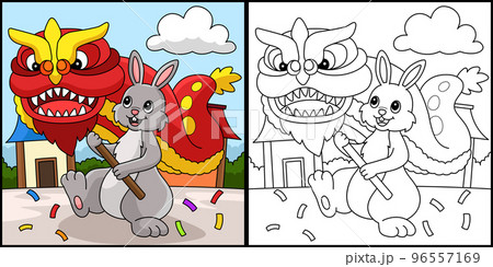 Rabbit Dragon Dancing Coloring Page Illustration 96557169