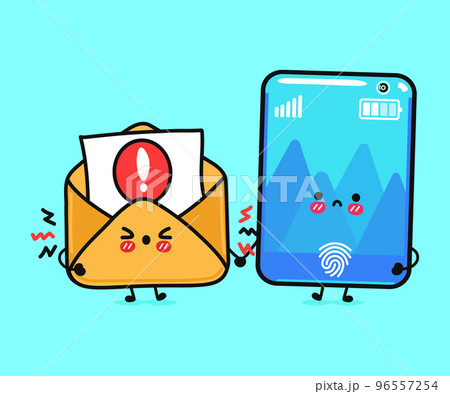 Cute, funny angry smartphone and letter with Exclamation point. Vector hand drawn cartoon kawaii characters, illustration icon. Funny cartoon smartphone and message mascot character concept 96557254