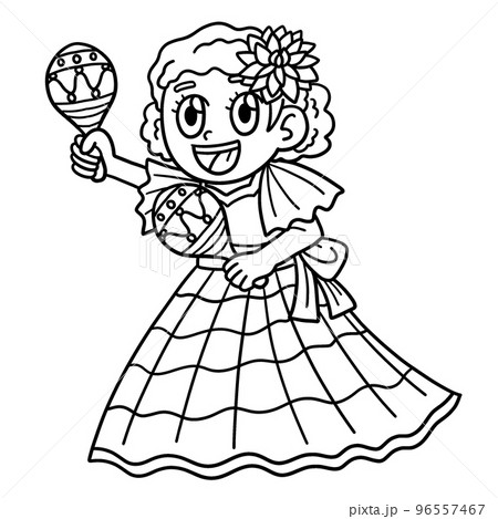 Cinco de Mayo Girl with Maracas Isolated Coloring 96557467