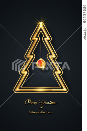 Gold geometric christmas tree with handwritten calligraphy isolated on black background. Design template for greeting card, invitation, flyer, poster. Vector Golden luxury xmas decoration Gold geometric christmas tree with handwritten calligraphy isolated on black background. Design template for greeting card, invitation, flyer, poster. Vector Golden luxury xmas decoration 96557686