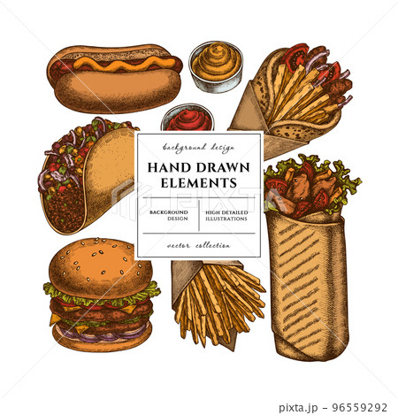Street food square card or invitation design. Frame design with sauces, gyros, burger, taco, shawarma, french fries, hot dog. 96559292