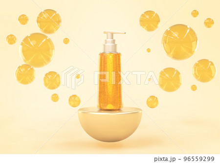 Cosmetics bottle on gold podium with bubbles oil, essence or serum on beige background, 3d render mock up banner. Skin care cosmetic pump tube with liquid drops for display product Cosmetics bottle on gold podium with bubbles oil, essence or serum on beige background, 3d render mock up banner. Skin care cosmetic pump tube with liquid drops for display product 96559299