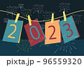 flat art design greeting card for new year 2023 with firework background 96559320