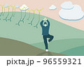 flat art design man relax and yoga training with mountain and wind turbine background 96559321