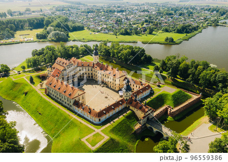 Top view of the Nesvizh Castle and the park in the summer.Belarus 96559386