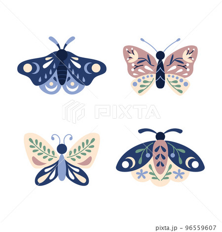 Set of moths and butterflies in colored doodle flat style. Vector illustration Set of moths and butterflies in colored doodle flat style. Vector illustration 96559607