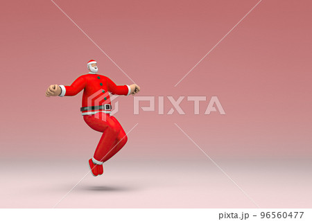 A man wearing Santa Claus costume is jumping. 3d rendering of cartoon character in acting. A man wearing Santa Claus costume is jumping. 3d rendering of cartoon character in acting. 96560477