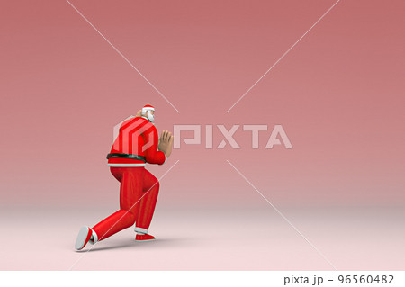 A man wearing Santa Claus costume. He is pulling or pushing something. 3d rendering of cartoon character in acting. A man wearing Santa Claus costume. He is pulling or pushing something. 3d rendering of cartoon character in acting. 96560482