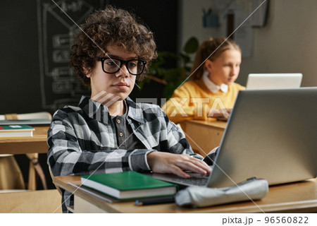 Schoolboy sitting at desk and typing on laptop, he learning to use computer at IT lesson 96560822