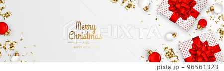 Christmas banner. Xmas background design with realistic christmas ball and golden confetti glitter. Christmas banner. Xmas background design with realistic christmas ball and golden confetti glitter. 96561323