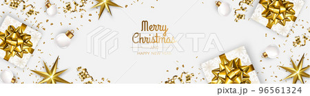 Christmas banner. Xmas background design with realistic gift box, snowflake and golden confetti glitter. Horizontal Christmas poster, greeting cards, headers, website Christmas banner. Xmas background design with realistic gift box, snowflake and golden confetti glitter. Horizontal Christmas poster, greeting cards, headers, website 96561324
