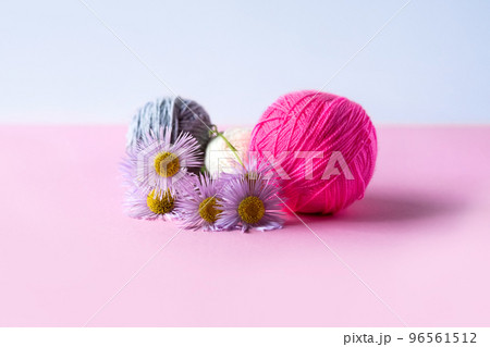 Pink, blue and white balls of thread with purple erigeron flowers on a pink background Pink, blue and white balls of thread with purple erigeron flowers on a pink background 96561512