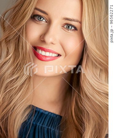 Beauty and femininity, beautiful blonde woman with long blond hair smiling, natural portrait closeup 96562271