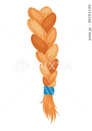 Hair braid. Long female fashion plait. Vector illustration of human hair in natural color. Cartoon art illustration with ribbon isolated on white background Hair braid. Long female fashion plait. Vector illustration of human hair in natural color. Cartoon art illustration with ribbon isolated on white background 96563190