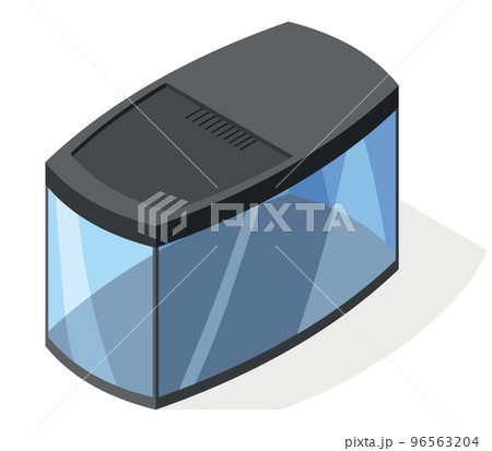 Isometric aquarium in modern minimalistic style. Transparent acrylic, plastic or plexiglass box for exhibit. Vector illustration empty clear glass showcase on white background 96563204