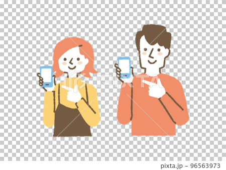 Two men and women pointing at a smartphone _ color Two men and women pointing at a smartphone _ color 96563973