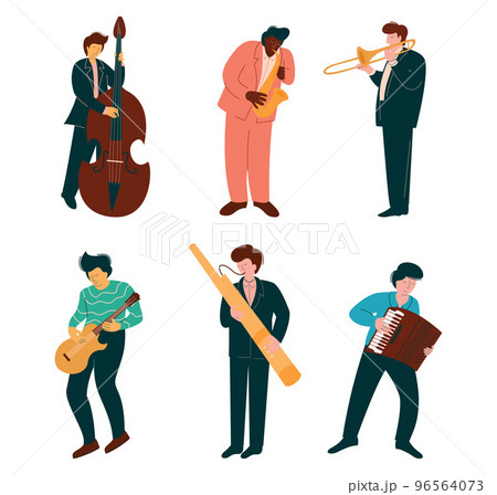 Man Musician Playing Musical Instrument Performing on Stage Vector Set 96564073