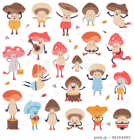 Funny Mushroom Characters with Cap and Stem Having Legs and Arms Vector Set 96564095
