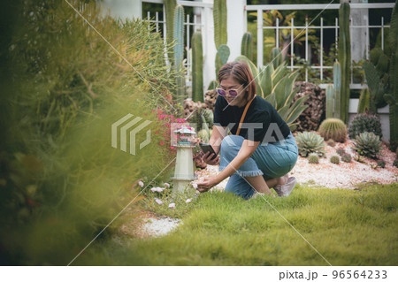 beautiful asian woman holding smart phone toothy smiling in home garden beautiful asian woman holding smart phone toothy smiling in home garden 96564233