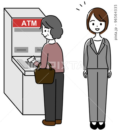 カードを手に持ちATMの操作をする高齢女性と、それを見守る銀行員の女性 96564335